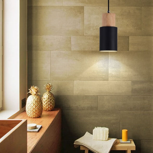 Nordic Wood Pendant Light with Cylinder Shade