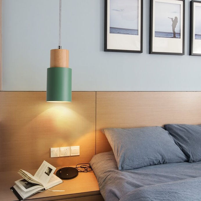 Nordic Wood Pendant Light with Cylinder Shade