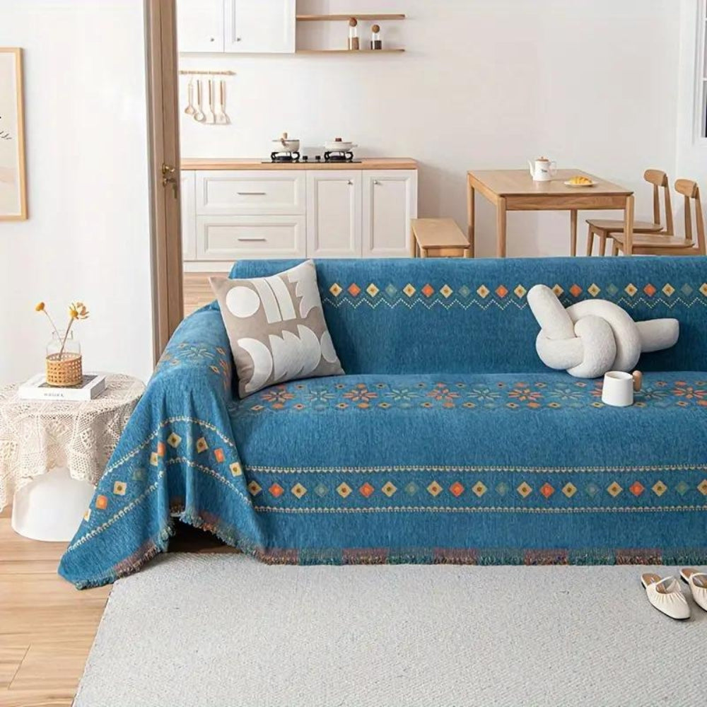 Boho Chenille Sofa Cover with Tassel Trim