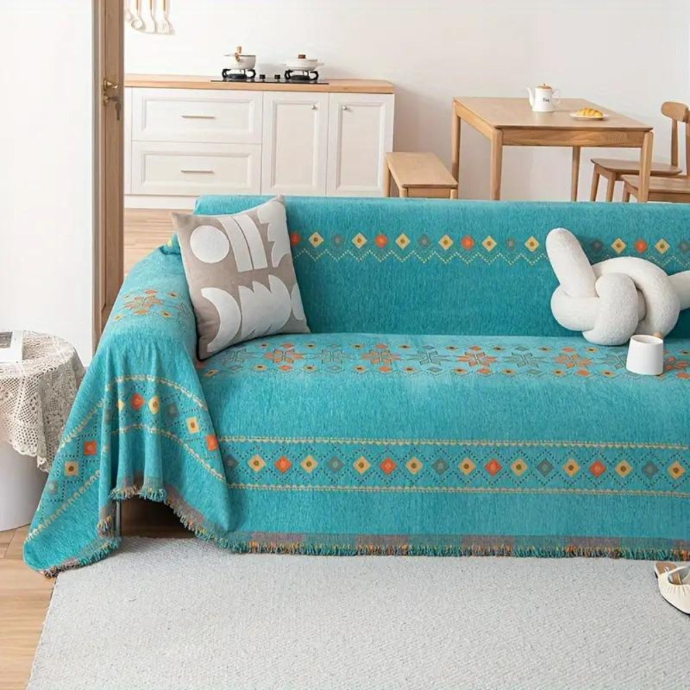 Boho Chenille Sofa Cover with Tassel Trim