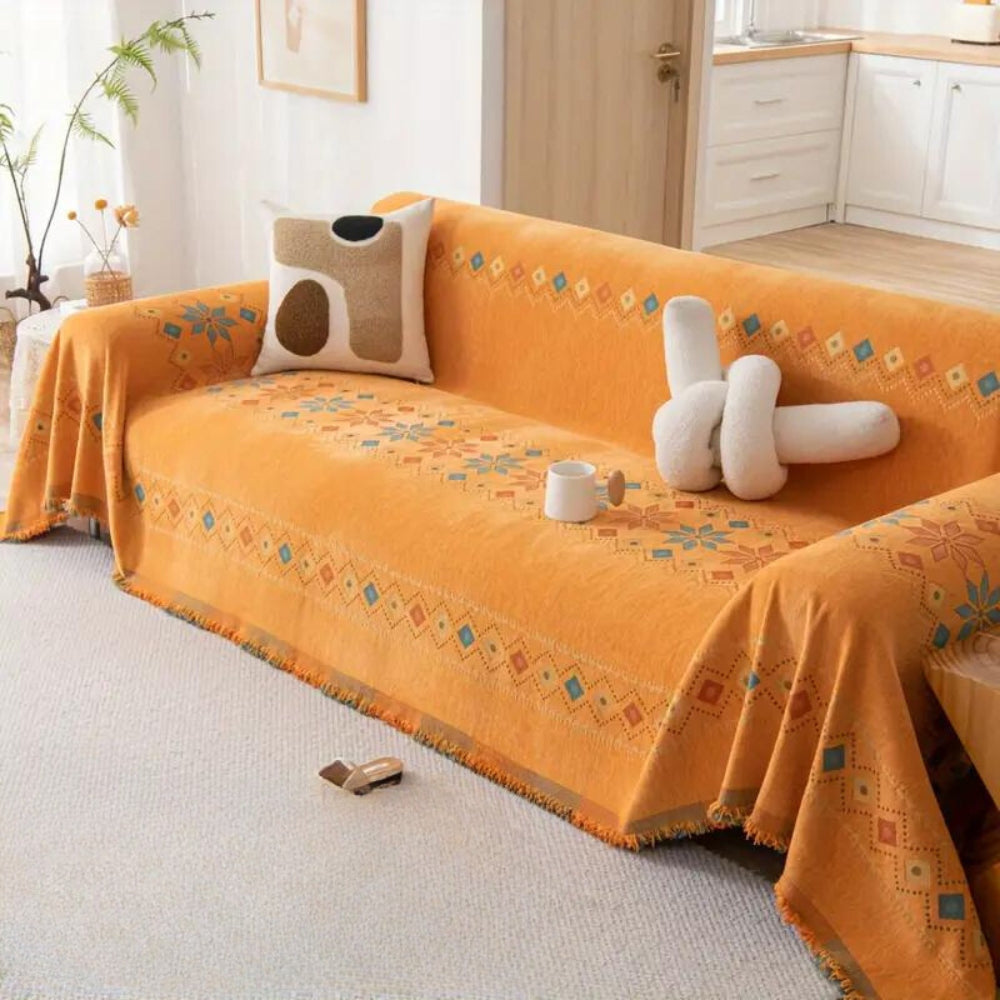 Boho Chenille Sofa Cover with Tassel Trim