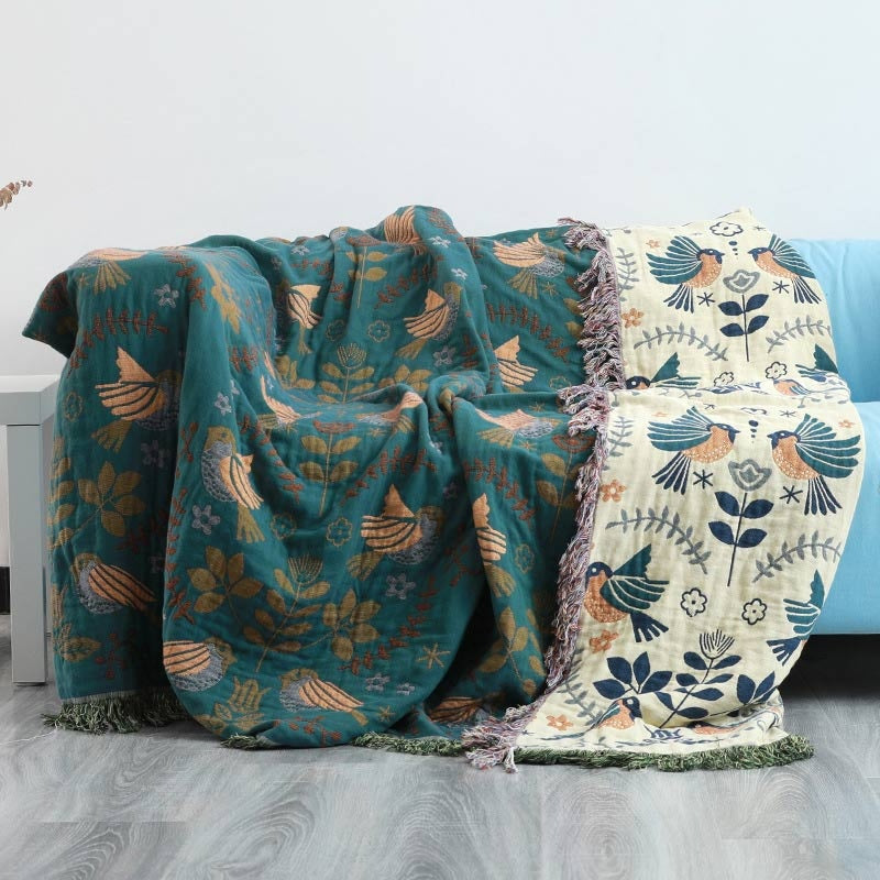 Boho Cotton Throw Blanket with Birds