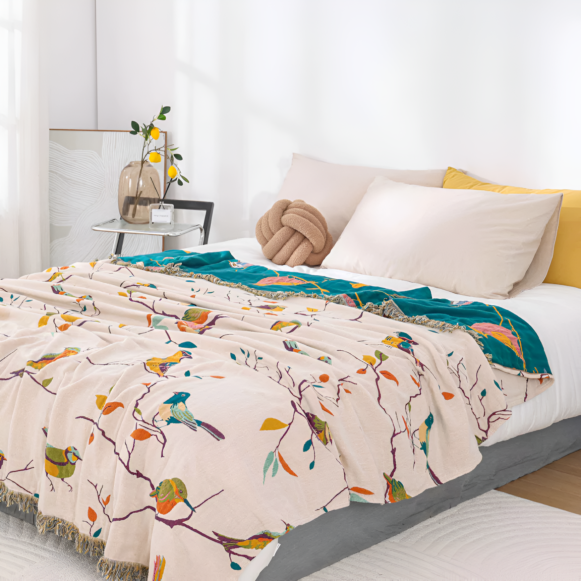 Boho Cotton Throw Blanket with Birds