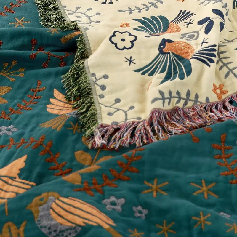 Boho Cotton Throw Blanket with Birds