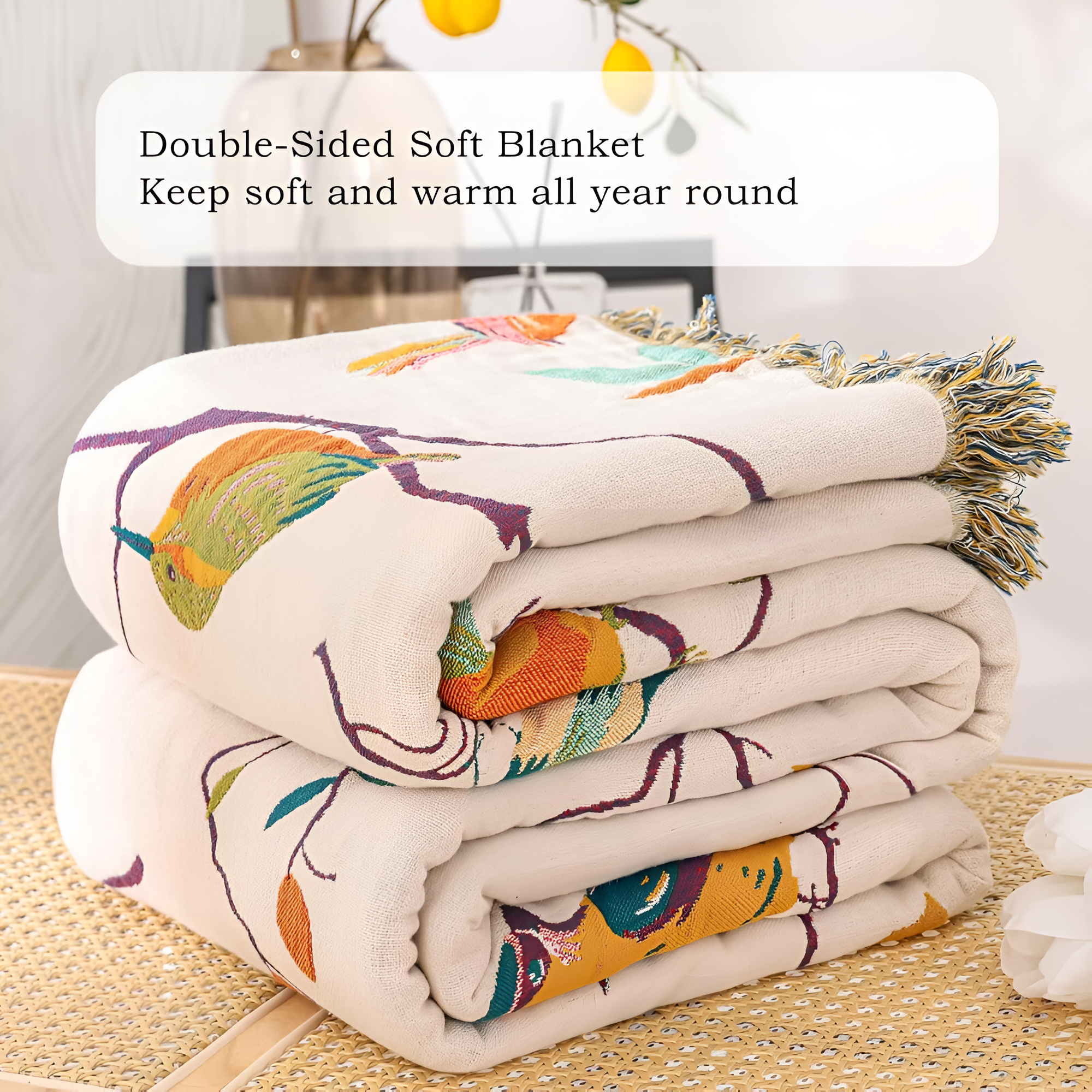 Boho Cotton Throw Blanket with Birds