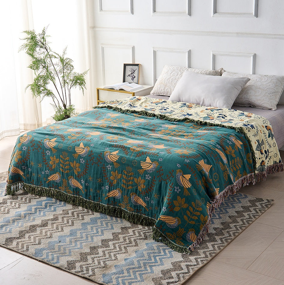 Boho Cotton Throw Blanket with Birds