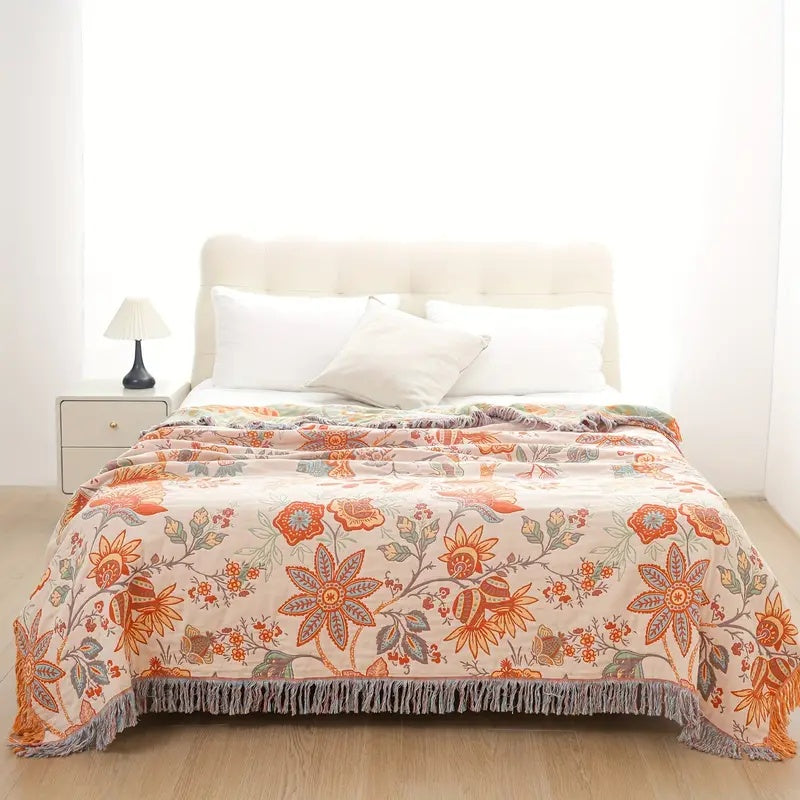 Boho Cotton Throw Blanket with Floral Print