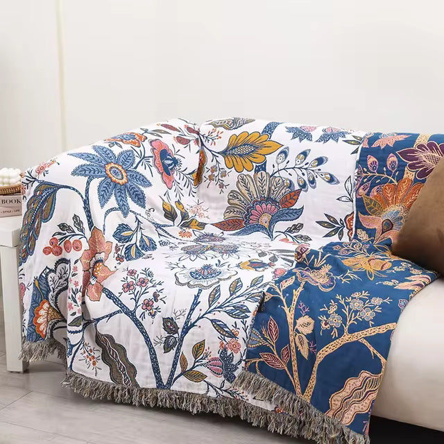 Boho Cotton Throw Blanket with Floral Print