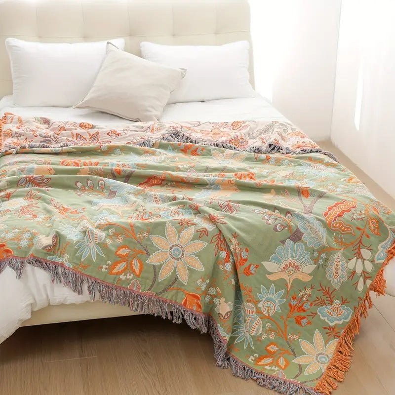 Boho Cotton Throw Blanket with Floral Print