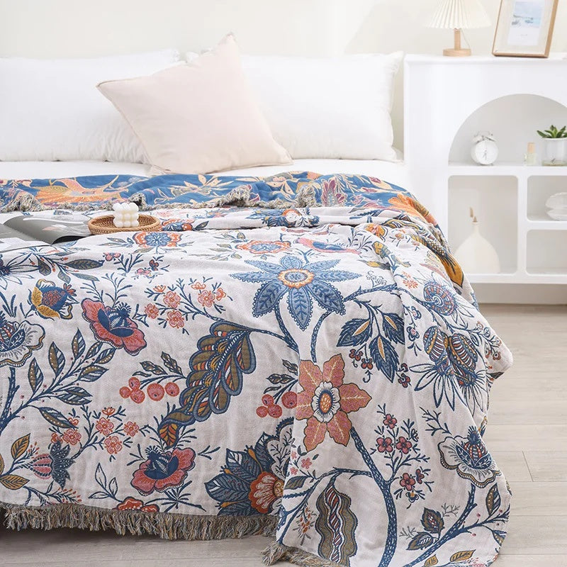 Boho Cotton Throw Blanket with Floral Print