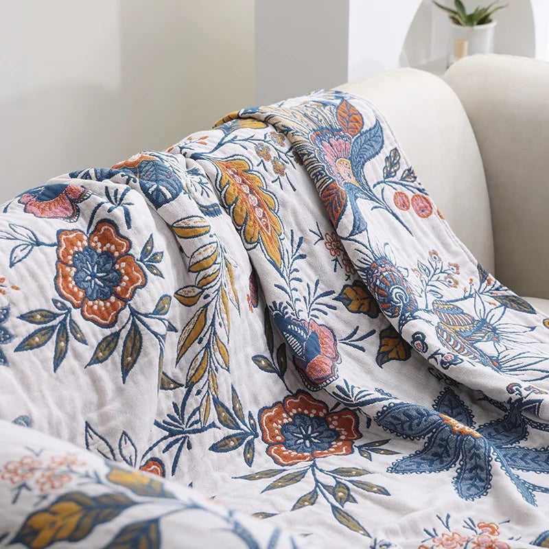 Boho Cotton Throw Blanket with Floral Print