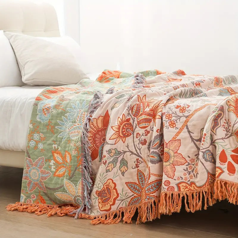 Boho Cotton Throw Blanket with Floral Print