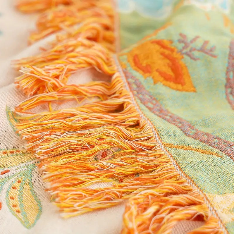 Boho Cotton Throw Blanket with Floral Print