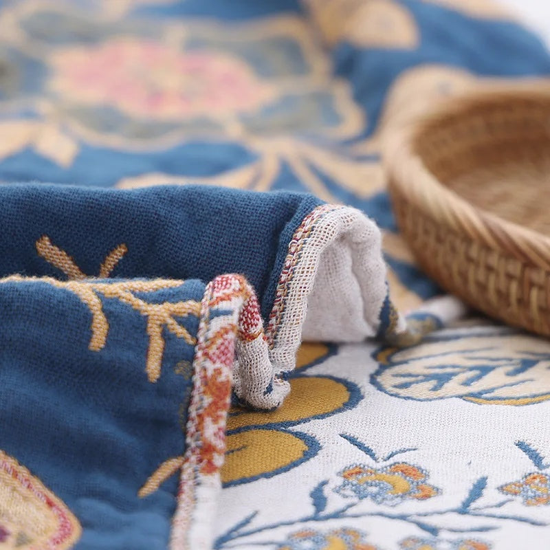 Boho Cotton Throw Blanket with Floral Print