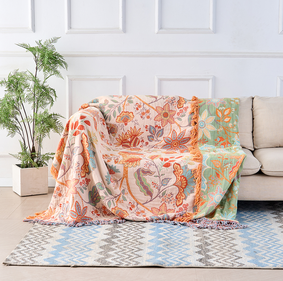 Boho Cotton Throw Blanket with Floral Print