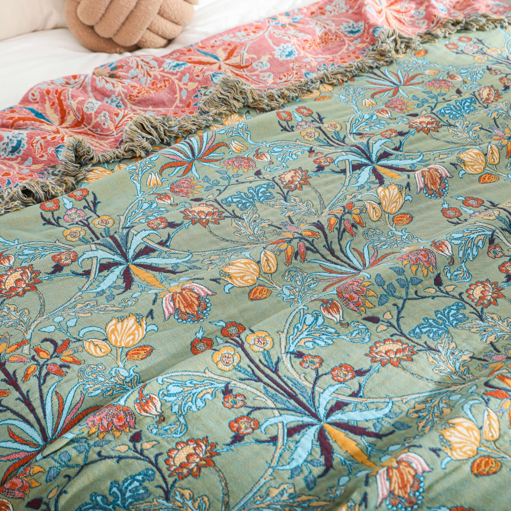 Boho Floral Cotton Throw Blanket Reversible