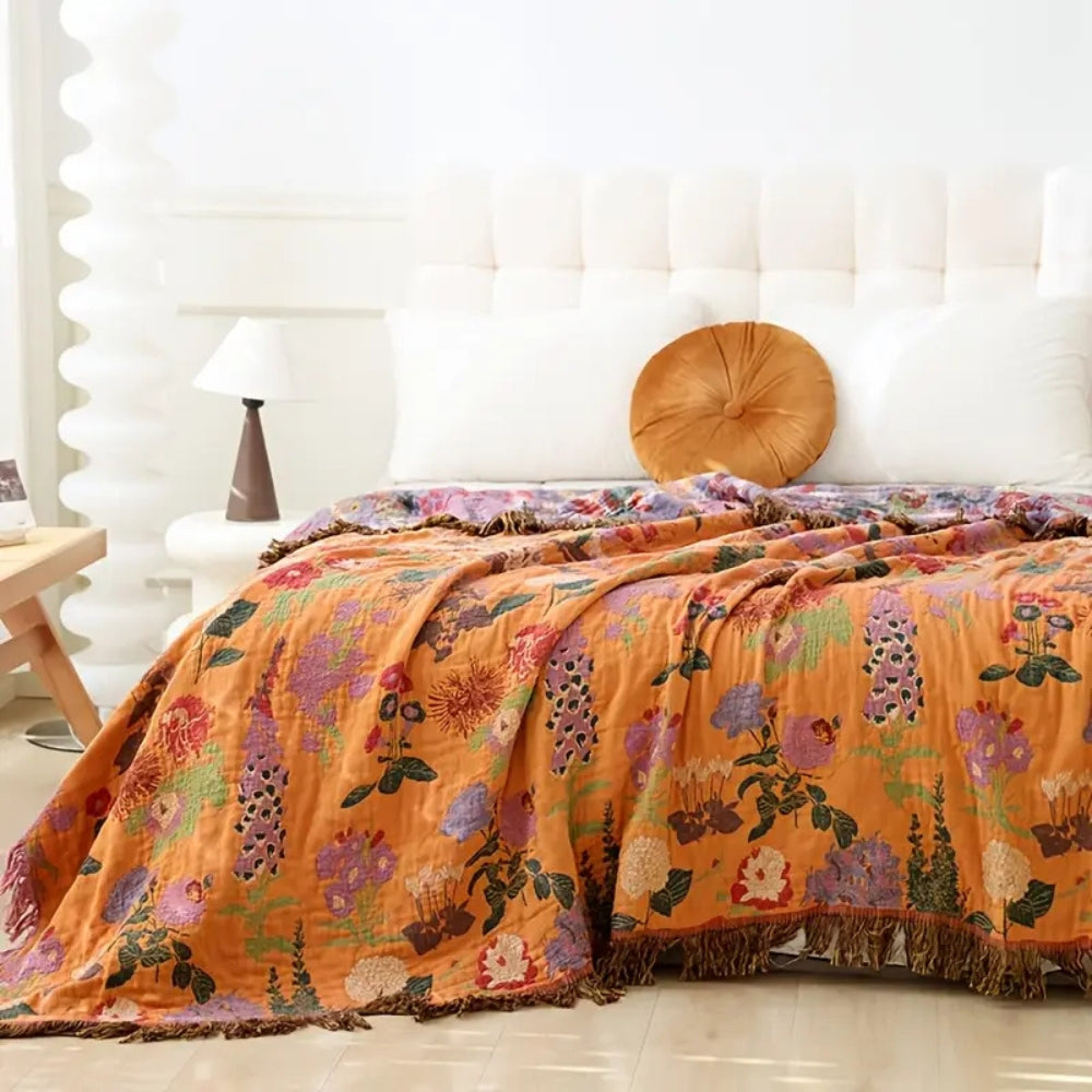 Boho Floral Cotton Throw Blanket Reversible
