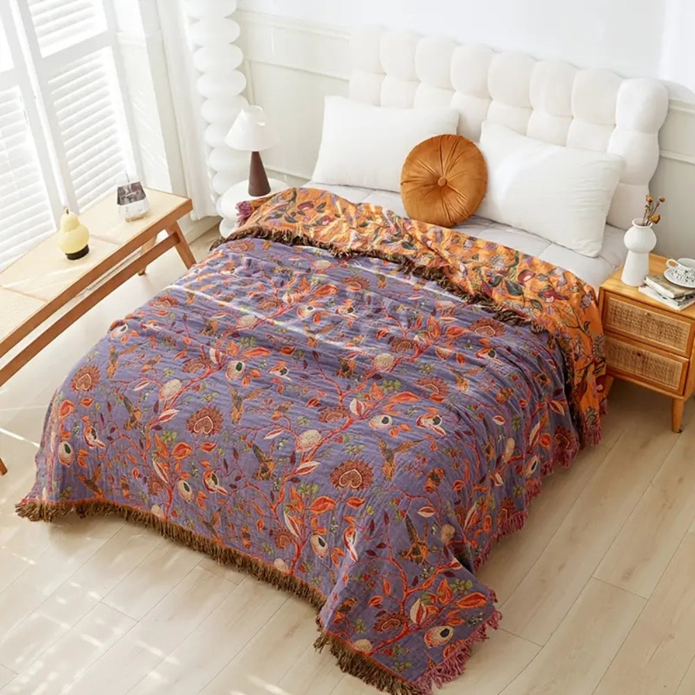 Boho Floral Cotton Throw Blanket Reversible