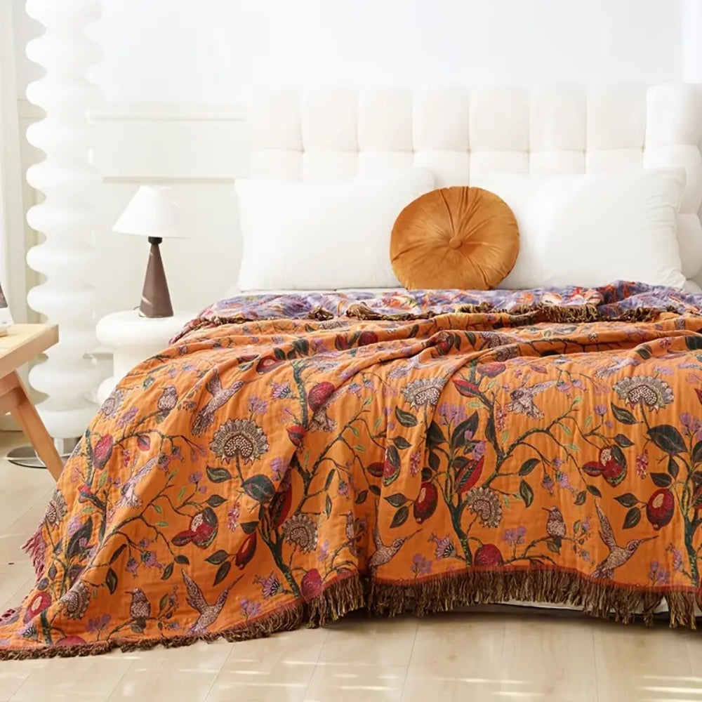 Boho Floral Cotton Throw Blanket Reversible