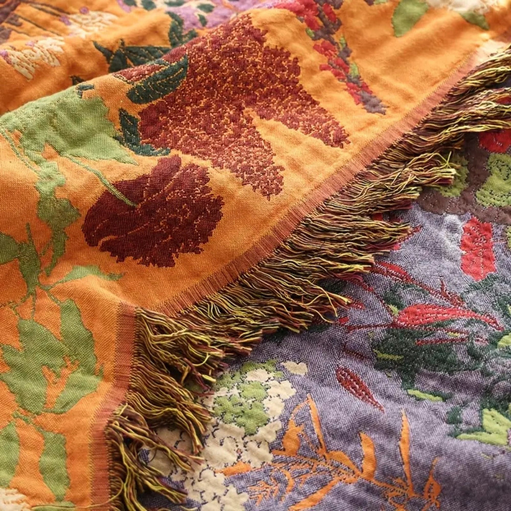 Boho Floral Cotton Throw Blanket Reversible