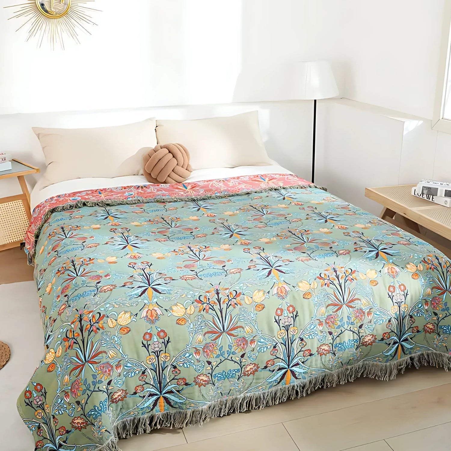 Boho Floral Cotton Throw Blanket Reversible