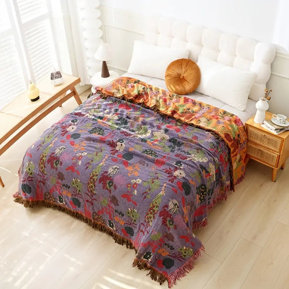 Boho Floral Cotton Throw Blanket Reversible