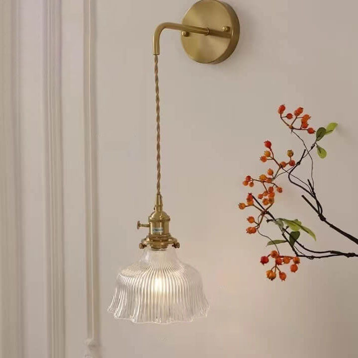 Brass Glass Flower Wall Light with Arm Mount
