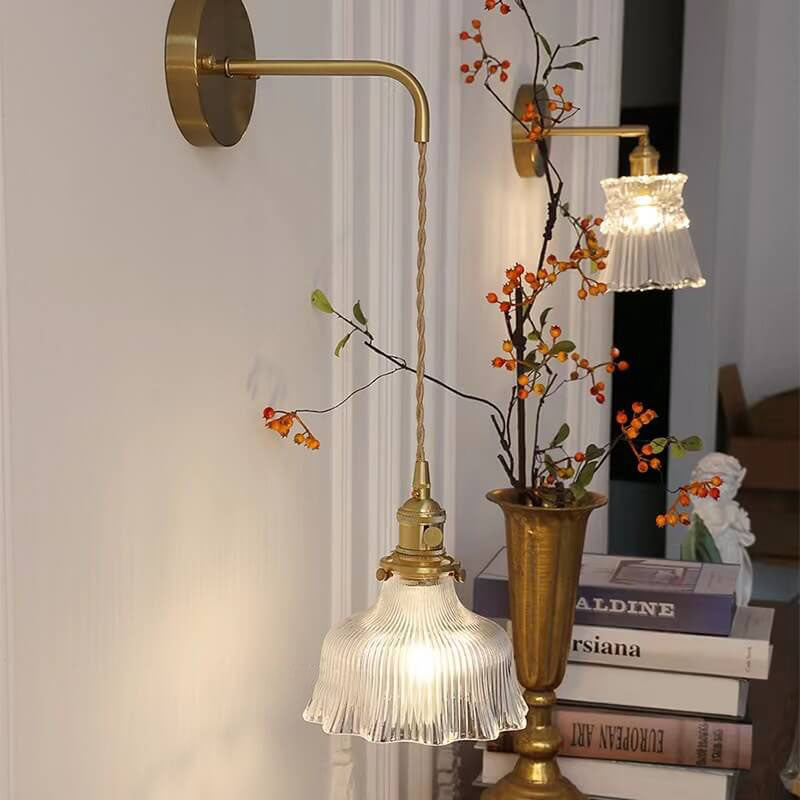 Brass Glass Flower Wall Light with Arm Mount