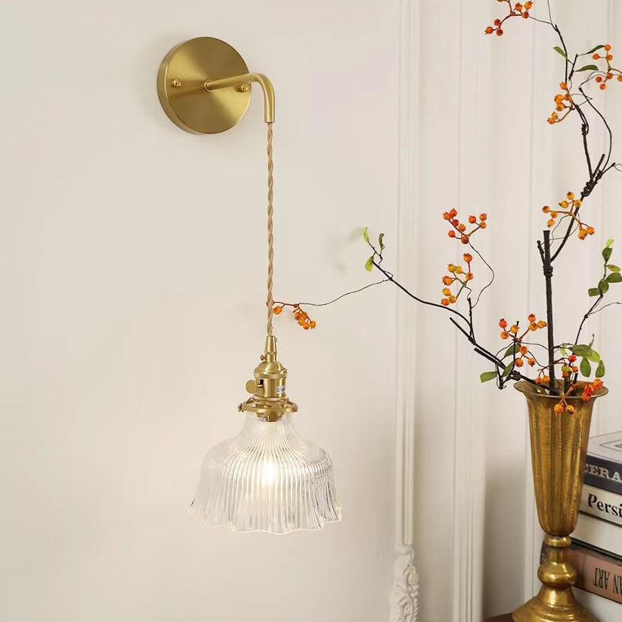Brass Glass Flower Wall Light with Arm Mount