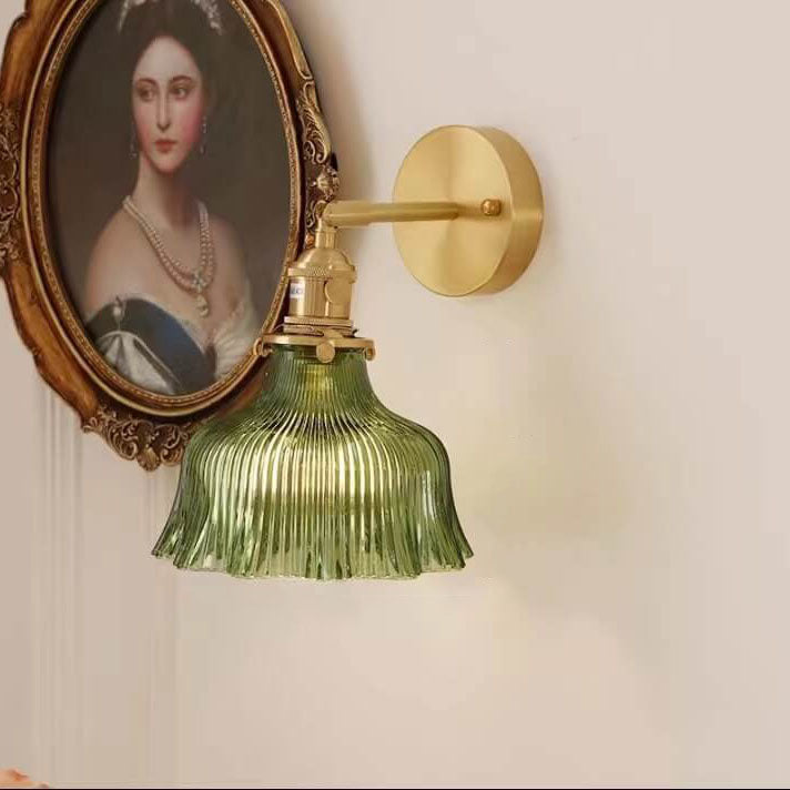 Brass Glass Flower Wall Light with Arm Mount