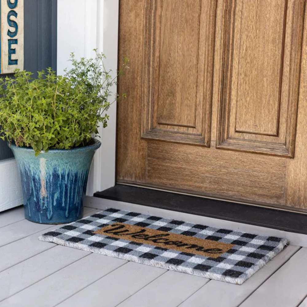 Buffalo Plaid Doormat with Welcome Print