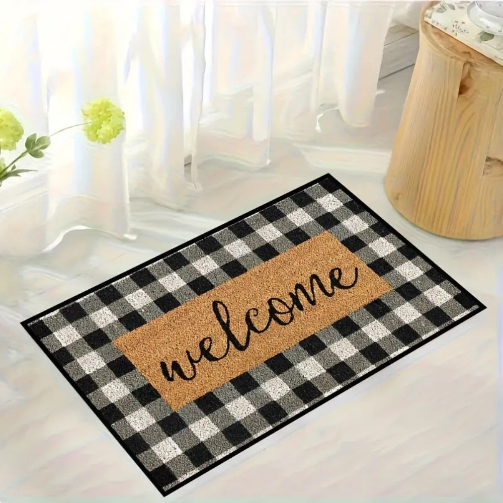 Buffalo Plaid Doormat with Welcome Print