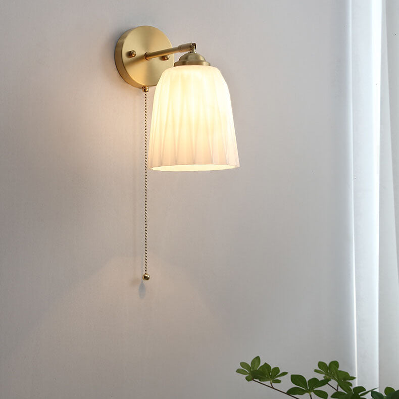 Copper Ribbed Glass Wall Sconce with Chain Pull