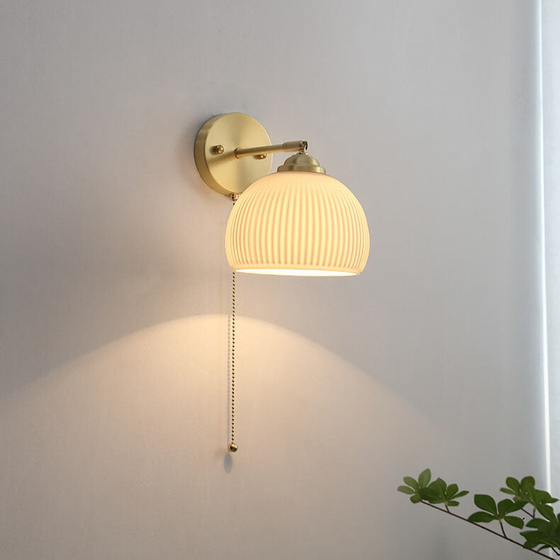 Copper Ribbed Glass Wall Sconce with Chain Pull