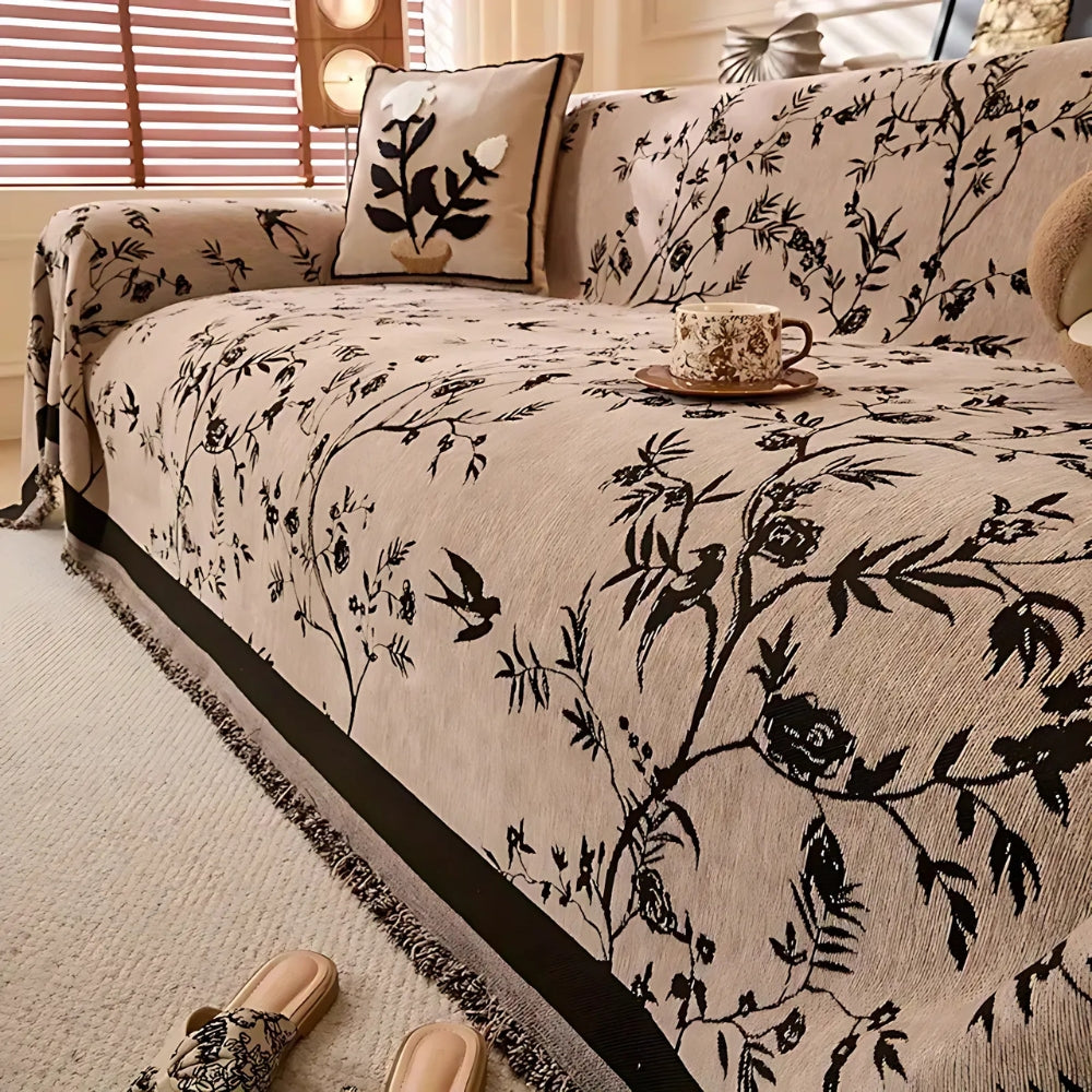Floral Chenille Sofa Cover with Tassel Edge
