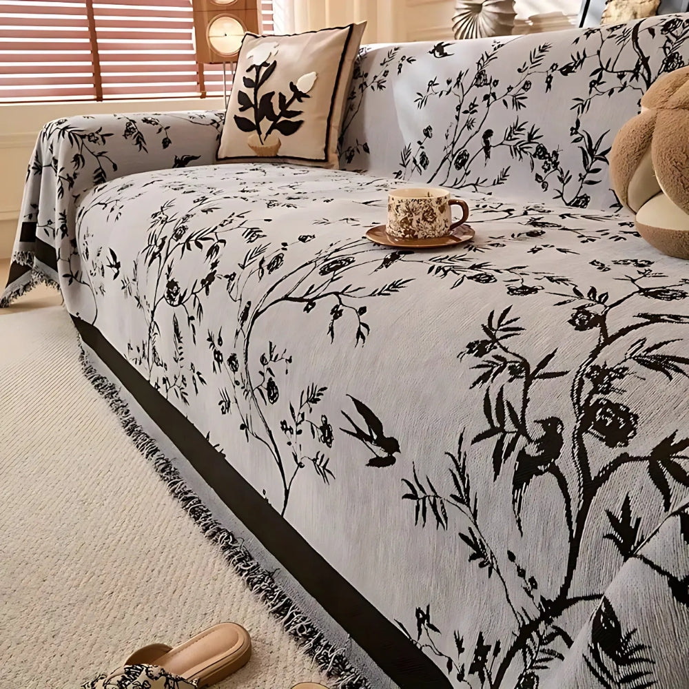 Floral Chenille Sofa Cover with Tassel Edge