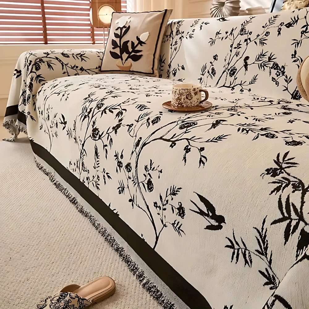 Floral Chenille Sofa Cover with Tassel Edge