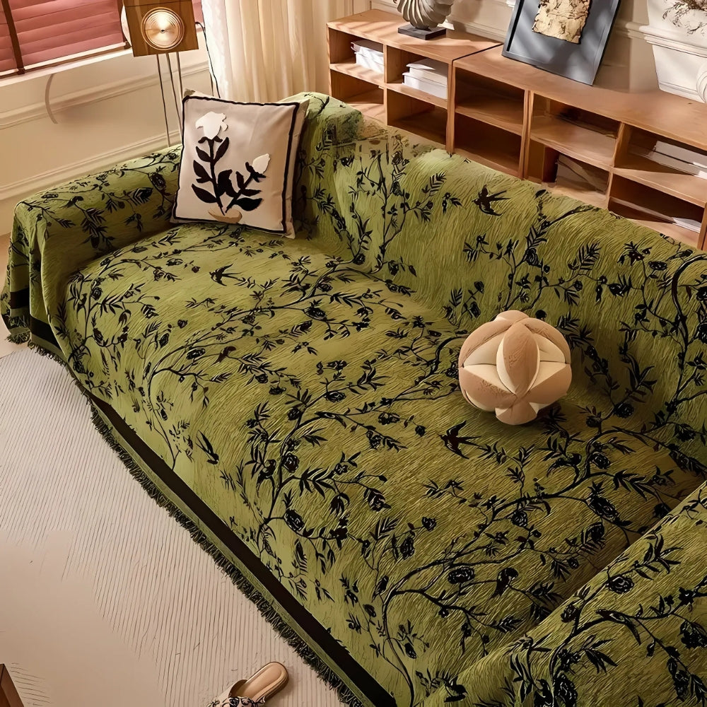 Floral Chenille Sofa Cover with Tassel Edge