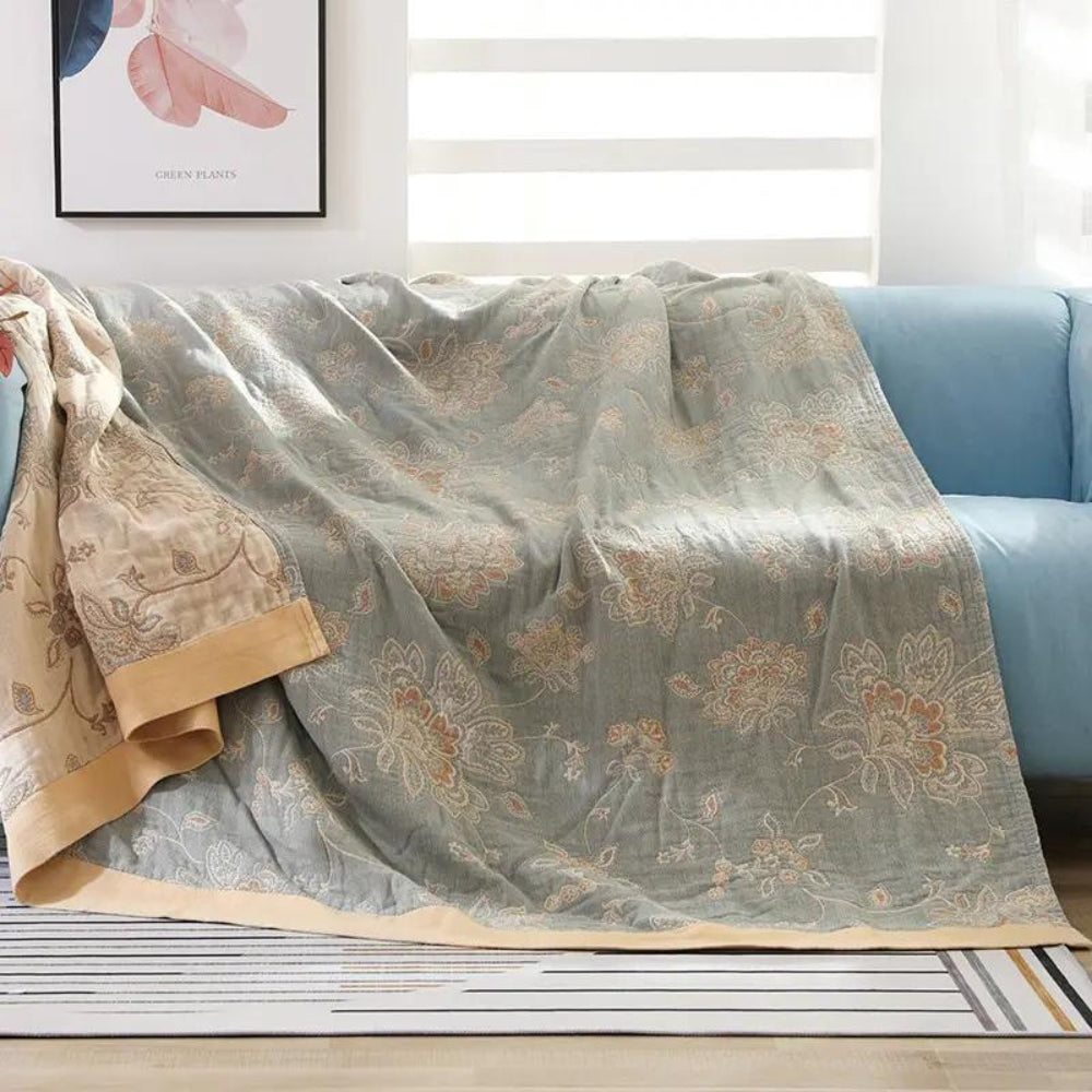 Floral Cotton Throw Blanket Reversible