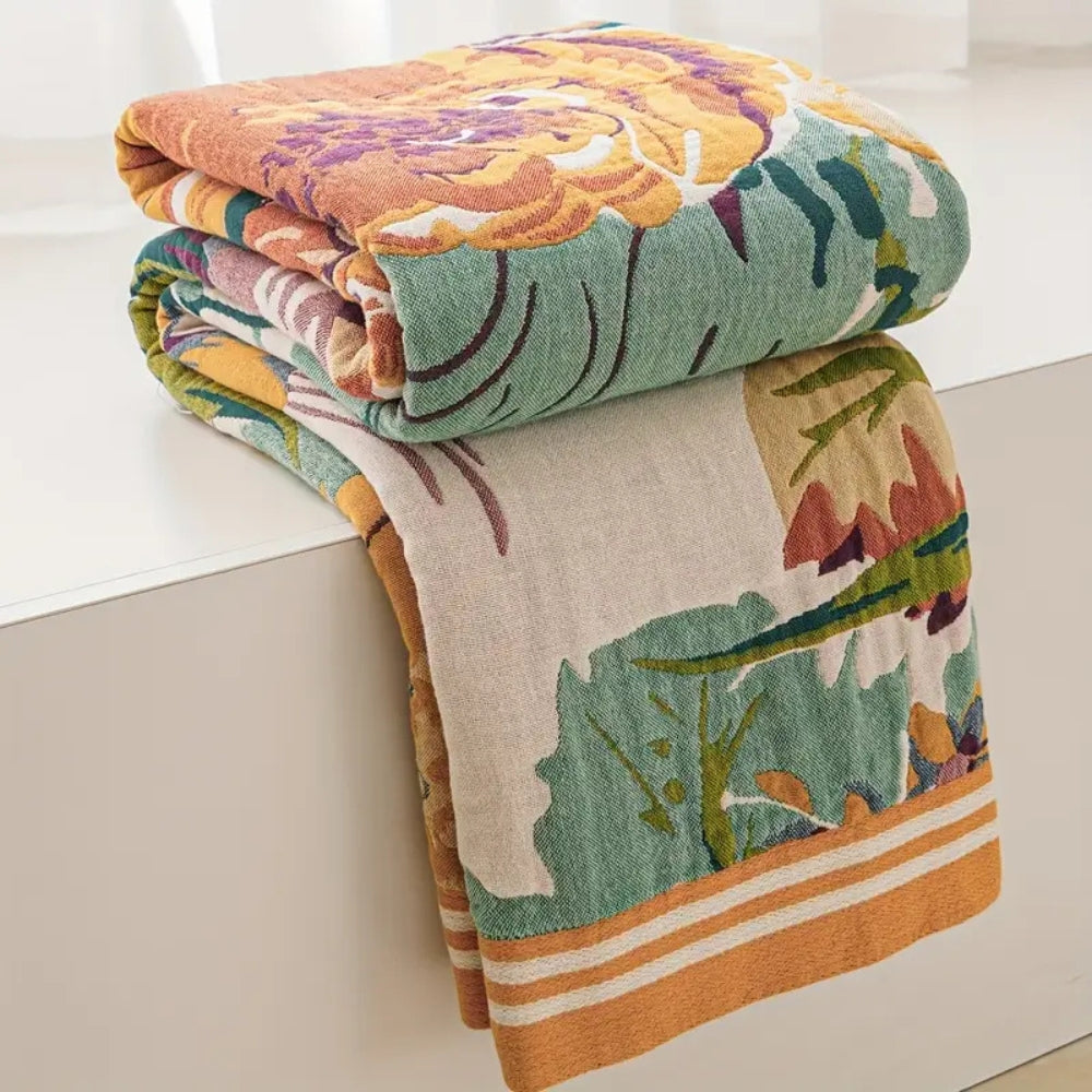 Floral Cotton Throw Blanket Reversible
