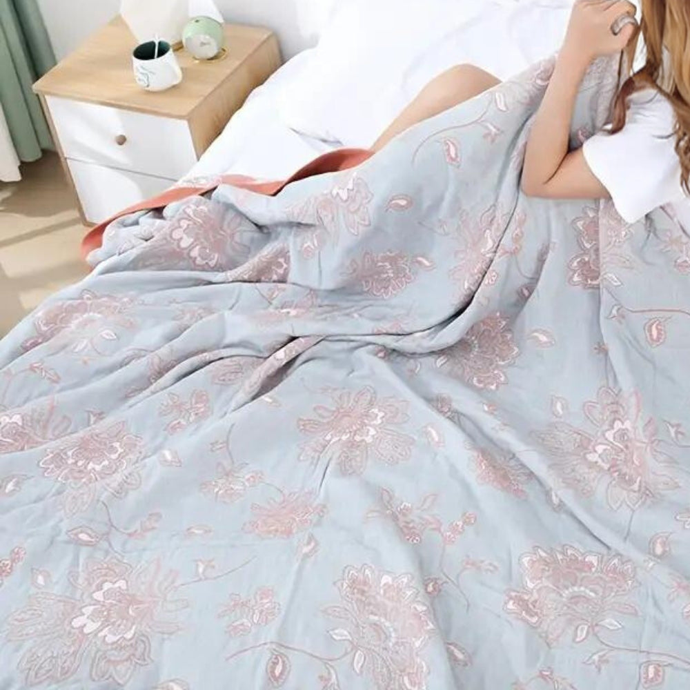 Floral Cotton Throw Blanket Reversible