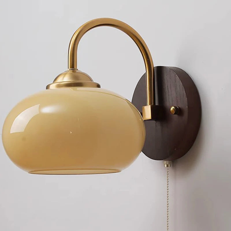 Glass Globe Wall Sconce with Wood Pullchain
