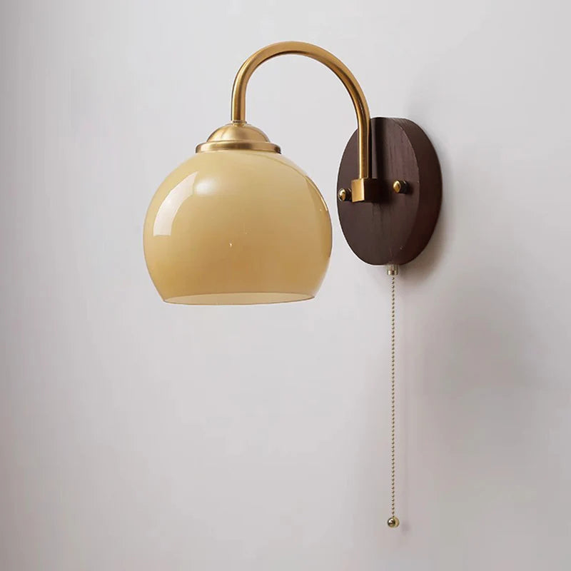 Glass Globe Wall Sconce with Wood Pullchain