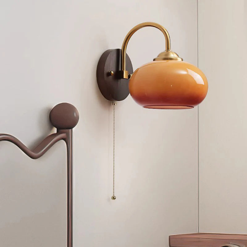 Glass Globe Wall Sconce with Wood Pullchain