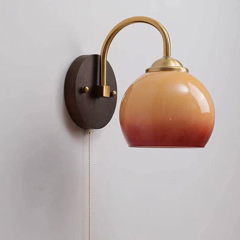 Glass Globe Wall Sconce with Wood Pullchain