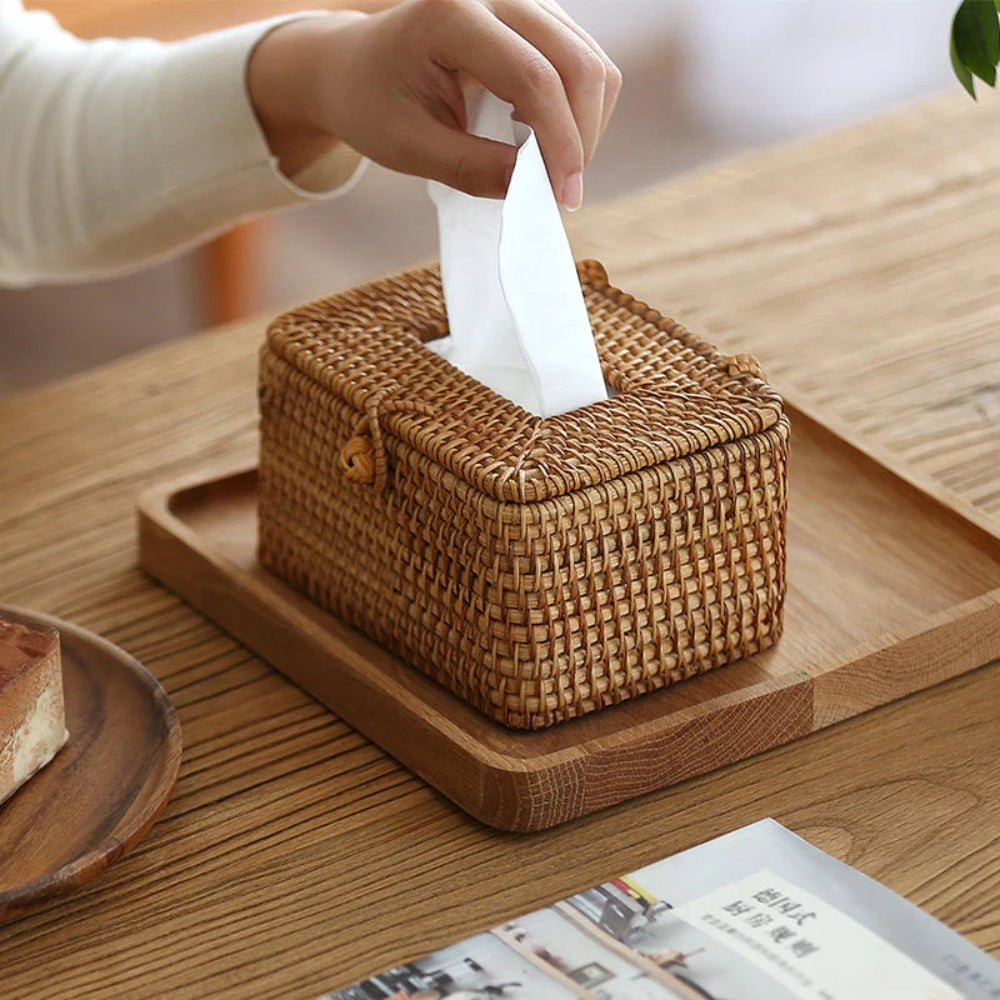 Handwoven Rattan Tissue Box with Lid Loop