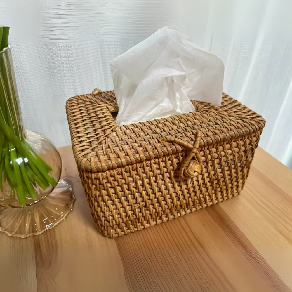 Handwoven Rattan Tissue Box with Lid Loop
