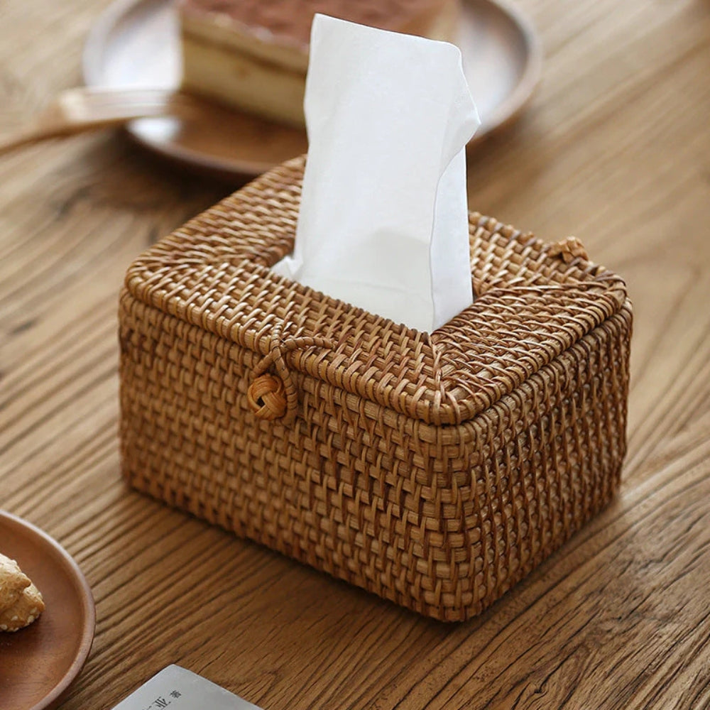 Handwoven Rattan Tissue Box with Lid Loop