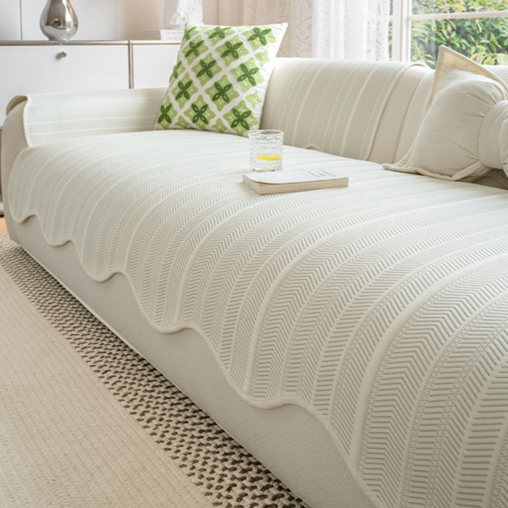 Herringbone Sofa Cover with Scalloped Edge