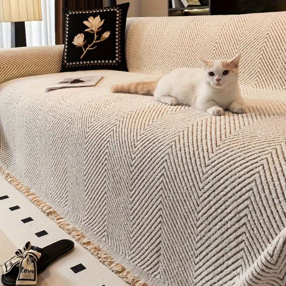 Herringbone Sofa Cover with Tassel Edge